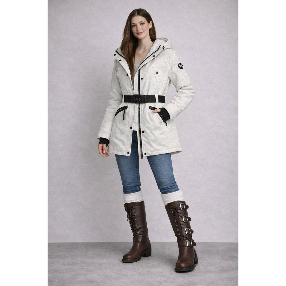 Michael Kors MK White Camo Hooded Belted Zip Front Parka Jacket Coat Women's XS